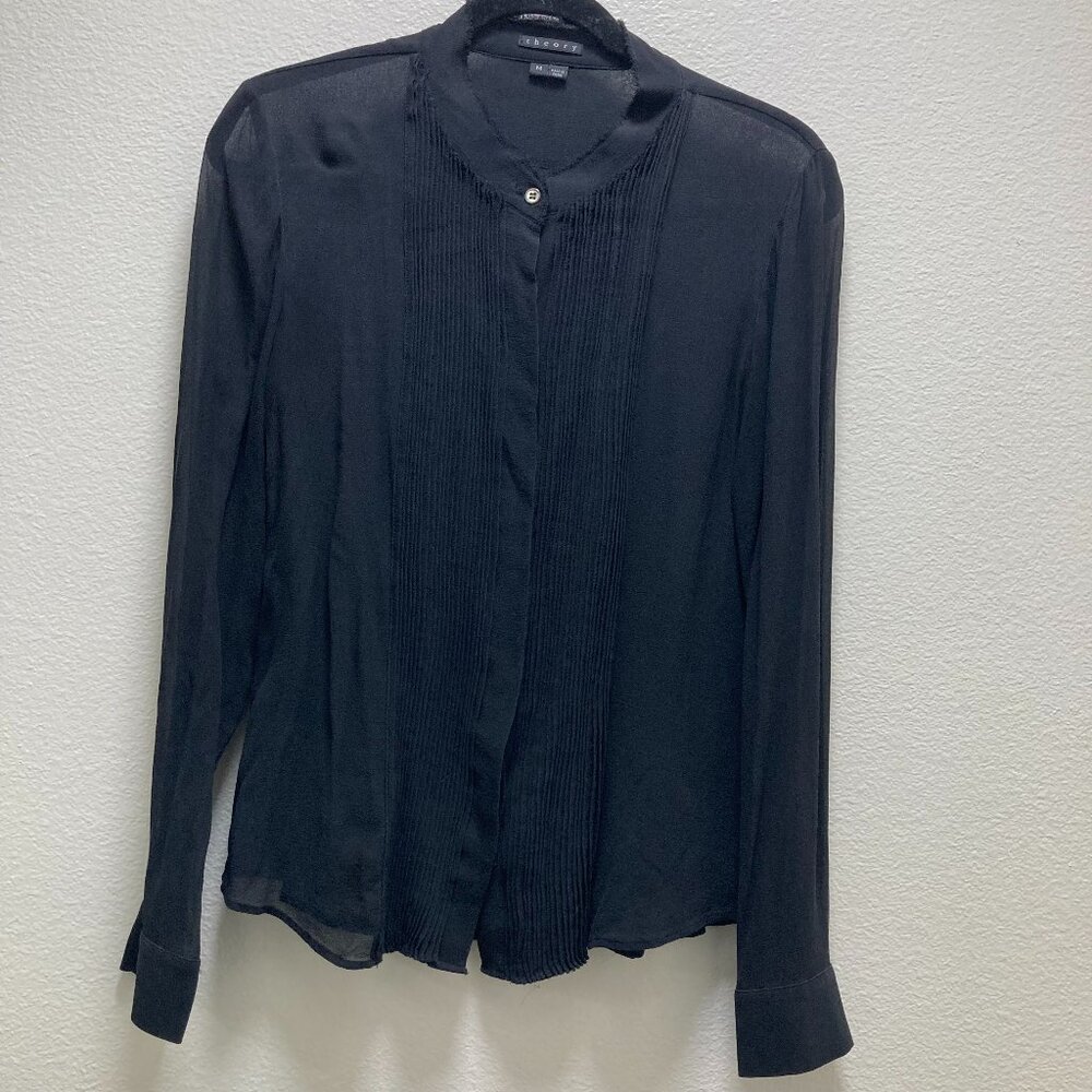 Theory black long sleeves blouse, top 100% silk, front button up